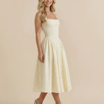 Yellow Gingham Square Neck A-Line Midi Dress