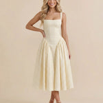Yellow Gingham Square Neck A-Line Midi Dress
