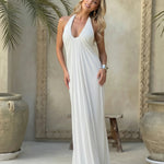 White Halter Neck Pleated Open Back Maxi Dress