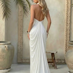 White Halter Neck Pleated Open Back Maxi Dress