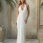White Halter Neck Pleated Open Back Maxi Dress