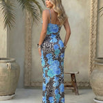 Blue Floral Spaghetti Strap Bodycon Maxi Dress