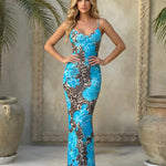 Blue Floral Spaghetti Strap Bodycon Maxi Dress