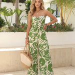 Green Tropical Print Strapless Midi Dress