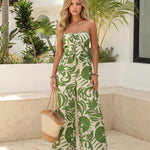Green Tropical Print Strapless Midi Dress