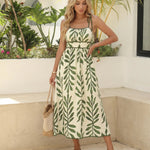 Green Leaf Print Tie-Strap Empire Waist Midi Dress