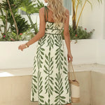 Green Leaf Print Tie-Strap Empire Waist Midi Dress