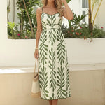 Green Leaf Print Tie-Strap Empire Waist Midi Dress