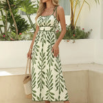 Green Leaf Print Tie-Strap Empire Waist Midi Dress