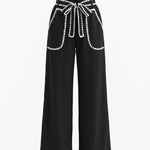Black White Contrast Stitch High Waist Wide Leg Pants
