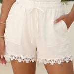 White Lace Trim Drawstring High Waist Shorts