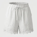 White Lace Trim Drawstring High Waist Shorts