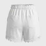 White Lace Trim Drawstring High Waist Shorts
