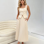 Beige Sleeveless Vest And Pleated Midi Skirt Two Piece Set