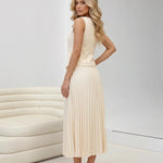 Beige Sleeveless Vest And Pleated Midi Skirt Two Piece Set