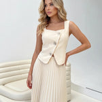Beige Sleeveless Vest And Pleated Midi Skirt Two Piece Set