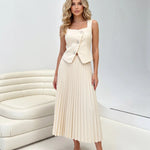 Beige Sleeveless Vest And Pleated Midi Skirt Two Piece Set