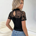 Black Mesh Floral Cutout Regular Length T-Shirt