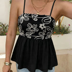 Black Floral Embroidery Peplum Cami Top
