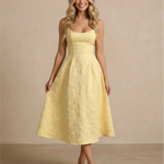 Yellow Jacquard Spaghetti Strap A-Line Midi Dress