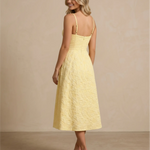 Yellow Jacquard Spaghetti Strap A-Line Midi Dress