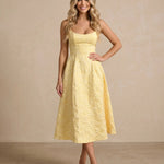 Yellow Jacquard Spaghetti Strap A-Line Midi Dress