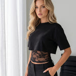 Black Layered Lace Hem Cropped T-Shirt