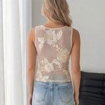 Sheer Ivory Mesh Floral Applique Sleeveless Top