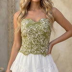 Olive Green Floral Embroidered Strapless Corset Top