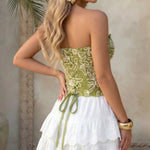 Olive Green Floral Embroidered Strapless Corset Top