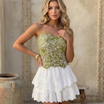 Olive Green Floral Embroidered Strapless Corset Top