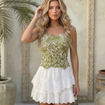 Olive Green Floral Embroidered Strapless Corset Top