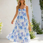 Blue Lily Floral Front Tie Keyhole Spaghetti Strap Midi Dress