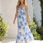 Blue Lily Floral Front Tie Keyhole Spaghetti Strap Midi Dress