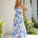 Blue Lily Floral Front Tie Keyhole Spaghetti Strap Midi Dress