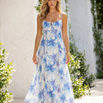 Blue Lily Floral Front Tie Keyhole Spaghetti Strap Midi Dress