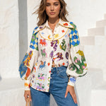 Multicolor Pegasus Print Contrast Plaid Spliced Balloon Sleeve Button Down Shirt
