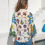 Multicolor Pegasus Print Contrast Plaid Spliced Balloon Sleeve Button Down Shirt