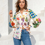 Multicolor Pegasus Print Contrast Plaid Spliced Balloon Sleeve Button Down Shirt