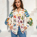 Multicolor Pegasus Print Contrast Plaid Spliced Balloon Sleeve Button Down Shirt