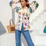 Multicolor Pegasus Print Contrast Plaid Spliced Balloon Sleeve Button Down Shirt