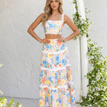 Floral Print Trim Strapless Crop Top And Tiered Maxi Skirt Set