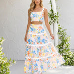 Floral Print Trim Strapless Crop Top And Tiered Maxi Skirt Set