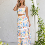 Floral Print Trim Strapless Crop Top And Tiered Maxi Skirt Set
