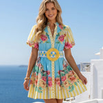Floral Print Stand Collar Puff Sleeve Mini Dress
