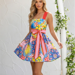 Lemon Print Bow Belt Cross Back Linen Blend A-Line Mini Dress