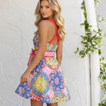 Lemon Print Bow Belt Cross Back Linen Blend A-Line Mini Dress