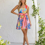 Lemon Print Bow Belt Cross Back Linen Blend A-Line Mini Dress