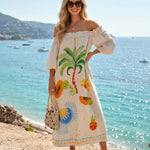 Beige Off Shoulder Tropical Print Maxi Dress