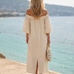 Beige Off Shoulder Tropical Print Maxi Dress